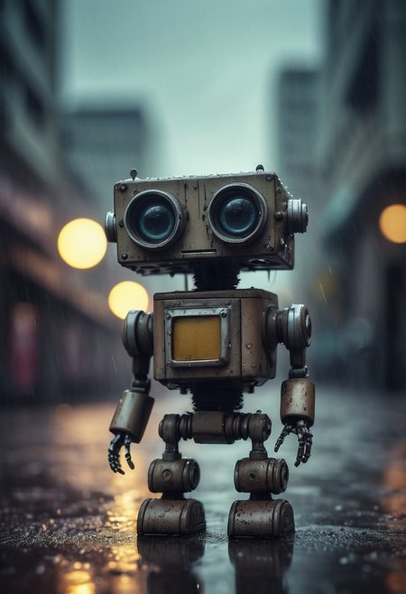 Small robot, rectangular body, flexible arms, treaded wheels, compact head, expressive binocular-like eyes, sad and curious appearance, heartbreaking, cute, heavy rain, very sad, lonely, lost place, cyberpunk, desaturated, vibrant colors, dramatic lighting, desaturated background, bokeh, dark theme, soothing tones, depth of field, dramatic backlighting, film grain,