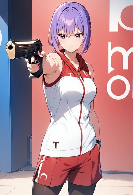 masterpiece, best quality, anime girl, fullbody, Turkish Killer Pose, LOOKING AT GUN, AIMING