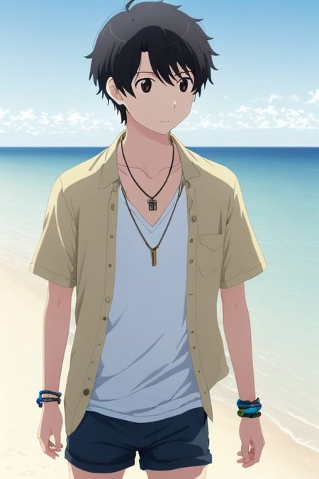 high resolution, solo, best quality, 1Boy, Portrait, Inaho Kaizuka, Black Hair, beach, calm, clear sky, candid, open shirt, shorts, sixpack, necklace, bracelet,