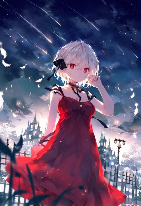 score_9, score_8_up, score_7_up, score_6_up, <lora:oninekoXL_TPN55_lokr_V43P1:0.95>   1girl, dress, solo, red eyes, red dress, feathers, sky, outdoors, night, shooting star, short hair, white hair, ribbon, hair between eyes, night sky, star \(sky\), sleeveless dress, starry sky, breasts, sleeveless, hand up, looking at viewer, black ribbon, meteor shower, bare shoulders, cloud, fence, closed mouth, hair ribbon, white feathers, standing, bare arms, building, cleavage, small breasts, cloudy sky, choker, lamppost