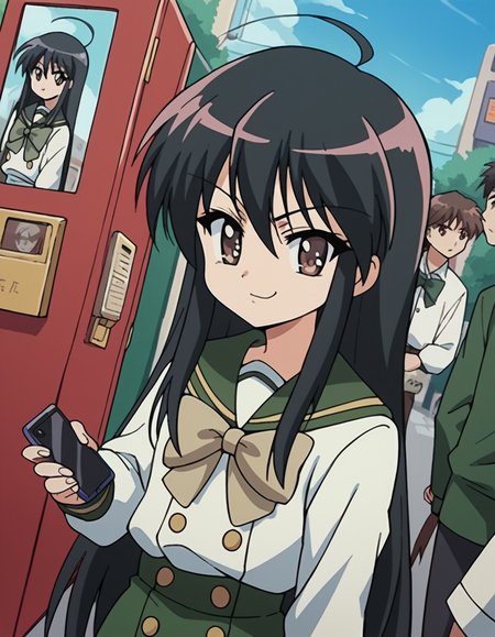score_9, score_8_up, score_7_up, source_anime, <lora:shakugan-no-shana-s1-ponyxl-lora-nochekaiser:1>, shana, long hair, black hair, brown eyes, ahoge, sidelocks,, school uniform, serafuku, bowtie, green bowtie, white shirt, green sailor collar, long sleeves, green skirt, buttons, thighhighs,, phone booth, glass, phone, street, retro, , smug, looking at viewer, solo,, dutch angle, cowboy shot