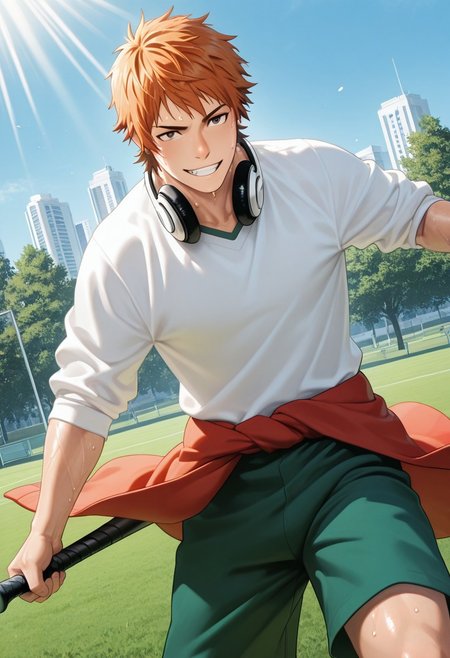 masterpiece, best quality, amazing quality, absurdres, newest, detailed background, definition so sharp, Ultra-HD, 8K cinematic, very awa, impressionate, amazing quality, highres, 
solo, male focus, manly, mature male, bara, outdoor, day, blue sky, sweating, sunbeam, grass, field, tree, city, 
1boy, short hair, headphone around neck, misakiyata, misaki_orange hair, misaki_brown eyes, white t-shirt, clothes around waist, green shorts, holding, baseball bat, dynamic pose, sports, dynamic angle, grin, smile