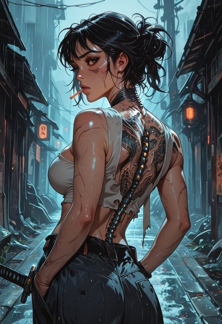 highres, very detailed, amazing quality, masterpiece,
very aesthetic,
particle effect, Cinematic, 
1girl, solo, toned, toned body, scars, slashed clothing, ripped clothing, holes in pants, Black hair, hair up, beautiful, exposed shoulders, exposed back, bionic spine, smoking, cigarette, strong face, angled face, brown eyes, female yakuza, cybernetic katana, bandage top, tube top, large breasts:1.5, looking at viewer, intense glint in eye, beautiful eyes, 
Back tattoo, Dragon back tattoo, 
hands in pockets, baggy pants, ancient pants, 
Raining, ancient Japanese street, 
Close up, cowboy shot, 
From behind, View from behind,