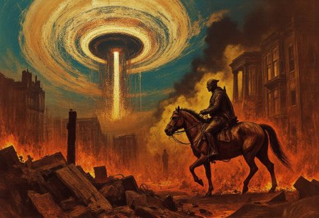 All we knew has died — so sudden. Yesterday, burning. An era is fading.
A majestic rider traverses a field of molten glass and smoldering ruins, seated upon a towering, otherworldly beast — a blend of organic grace and skeletal elegance, its body veined with ember-lit runes. The creature steps lightly over collapsed steel towers and forgotten monuments, its movements slow and solemn, like a procession mourning the death of an age.
Above them, the sky is a masterpiece of surreal choreography: swirling clouds form vast, circular patterns like forgotten sigils, their colors bleeding from cyan and gold to bruised purples and scarlet. Light pierces the gloom in hyperrealistic shafts, catching on ash particles that dance mid-air like frozen fireflies. Faint echoes of the old world flicker in the distance — ghostlike reflections of high-rises and neon signs lost to time.
The entire scene carries a breathtaking, dreamlike tension between apocalypse and poetry — a final procession framed in awe. Ultra-detailed textures, painterly lighting, cinematic scale. The composition is vertical, dutch-angled for added gravity, with bold contrast between the desolate ground and the wildly colorful, aesthetic sky. A hyperrealistic, emotionally charged illustration reminiscent of a lost era — both stunning and sorrowful.
Simon Stålenhag, Moebius, Zdzisław Beksiński.