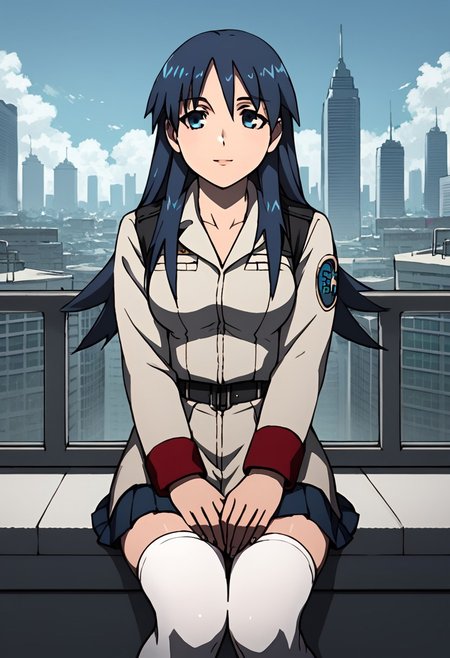 score_9, score_8_up, score_7_up,city view,female, blanchett, blue hair, long hair, blue eyes, military uniform,short skirt, white stocking,sitting,front view