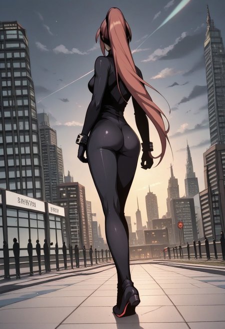 score_9, score_8_up, score_7_up, 1girl, late night, night, dark city, night city, buildings, full body, from the distance, from behind, from below, distant camera, poster, skycraspers on background, solo, cityscape, standing pose, dynamic pose, science fiction, 1girl, outdoors, from behind, Black Cat super heroine, anime source, Feng Ling, orange hair, long hair, ponytail, from below, shot from the distance, black bodysuit, looking at the sky, standing, medium breasts, black catsuit, nice ass, Tokyo city, <lora:add-detail-xl:-1>,