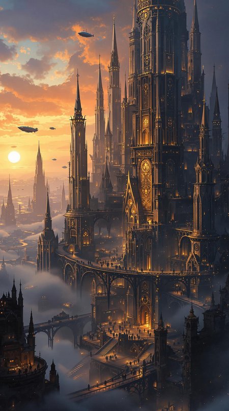 Sharn, the City of Towers, rises dramatically from the landscape, a sprawling metropolis of towering, interconnected spires that stretch high into the clouds. Each tower is a blend of sleek, dark stone and enchanted metals, adorned with glowing magical runes and intricate carvings that reflect the city’s deep history and arcane power. Bridges of various sizes crisscross between towers, creating a web of pathways filled with bustling citizens, exotic traders, and mystical creatures. Airships hover in the air, docking at various levels, their golden lights illuminating the fog that drifts lazily through the upper levels of the city. Below, the lower quarters are cast in shadow, filled with narrow alleyways, hidden bazaars, and flickering torchlight. The skyline is alive with a blend of warm and eerie hues as the sun dips beneath the horizon, casting Sharn in an otherworldly glow. The atmosphere pulses with energy, mystery, and the promise of adventure around every corner in this magnificent, vertical cityscape. masterpiece, maximum image detail, 8K high definition, intricate architecture, magical city, glowing runes, airships, enchanted metal, dense cityscape, vibrant sunset, foggy atmosphere, bridges and pathways, epic fantasy setting, ultra-realistic