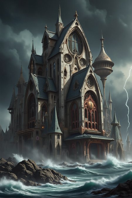 YFG-Sm0rg, YFG-Zaat, A digital illustration of a reimagining of an modern day architecture into a grimdark Gothic fantasy style. The main focus is 'The Sydney Opera House'. The building is decorated with Gothic theme decoration. The building give a rustic and old feeling that is almost ancient. In the background a storm is brewing. Thunderstorm is raging and the sea is ruff with high waves.