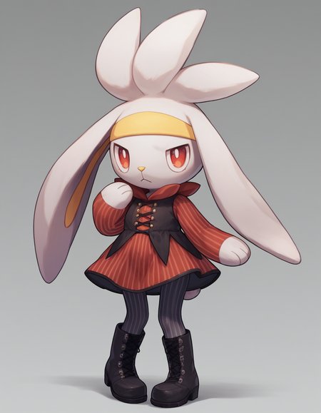 score_9, score_8_up, score_7_up, score_6_up, score_5_up, score_4_up, 1girl, full body, solo,
 <lora:Raboot_v0-3:1> raboot, pokemon \(creature\), white fur, droopy ears, rabbit ears, rabbit tail, red eyes, looking at viewer, furry female, yellow hairband,
velvet-dress, over-the-knee-boots, pinstripe-pantyhose