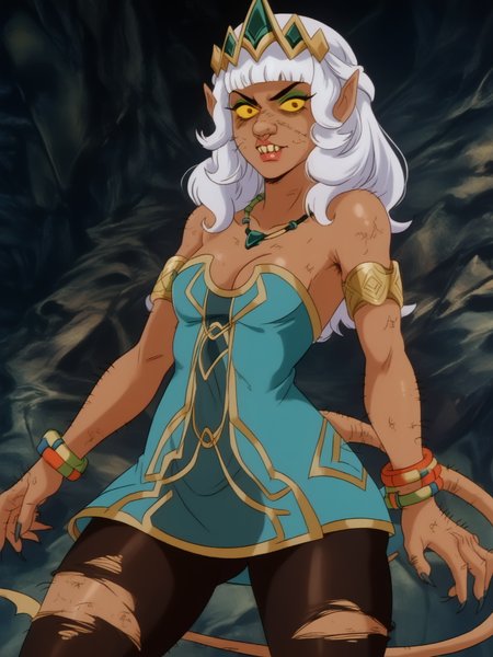 score_9, score_8_up, score_7_up,  <lora:100_ratrot_pdxl:1> 1girl ,solo,  yellow sclera, sharp nails, hairy, bad skin, warty, rr_nose, rr_pointed_ears, rr_tail, rr_teeth, torn clothes,  standing,  <lora:Qiyana_Clasic:1> qiyana, dark-skinned female, jewelry, bare shoulders, tiara, bracelet, cleavage, armlet, necklace, dress, pantyhose, nail polish, medium breasts, thighs, looking at viewer, bend back, arms out, mindless, no humans