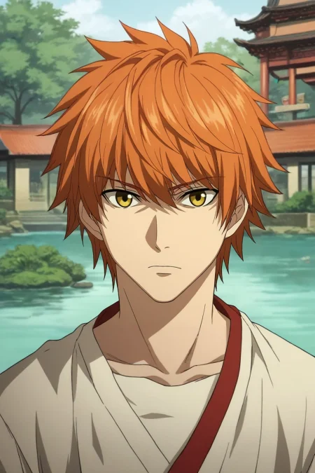 zPDXL, score_9, score_8_up, score_7_up, rating_safe, , , depth of field, 1boy, emiya shirou, fate \(series\), orange hair, yellow eyes, solo, straight-on, pond, arch, japanese architecture, day, legs up, relaxed, <lora:death_note_style_pony:1.18>, death_note_style, , <lora:sdxl_lightning_8step_lora:1>