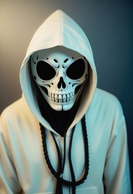 Skeleton mask and big empty eyes of void. 
Ultra detailed photography by "Miki Asai". 
Phosphorescent, mystical stunning soft lighting. Breathtaking. 
Highly detailed, award-winning,  cinematic still shot,  "Kodachrome", UHD, "Canon EOS".