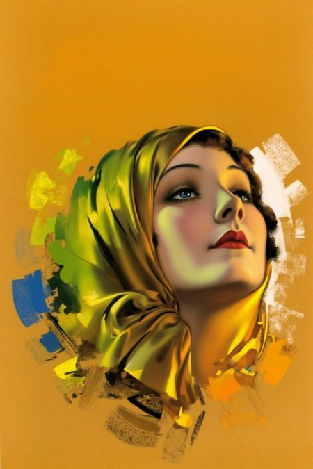 rolfarmstrong1 illustration.
A woman with a serene expression, gazing upwards. She is wearing a sheer, translucent golden-colored headscarf that reflects green and blue colors. Her lips are red. The background is a blend of warm and cool colors with abstract brushstrokes and splashes of paint. <lora:rolfarmstrong1_cap_d8a4:1.0><lora:862563380450359847:0>