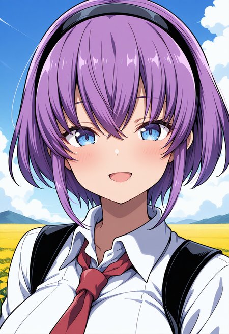 mizuishi_rikana, blue eyes, purple hair, short hair, hairband, red necktie, school uniform, collared shirt, suspenders, white shirt, high-waist skirt, suspender skirt, <lora:Abaddon_mizuishi_rikana_illustrious_ver1:0.8> 
smile,, masterpiece, best quality, general,, 1girl, solo, (field:1.2), (blue sky:1.2), looking at viewer,, (upper body:1.2), (close-up:1.2), (facing viewer:1.2), (open eyes:1.4), (portrait:1.2)