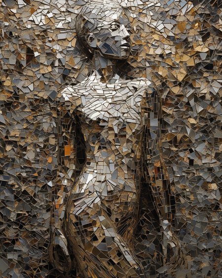 Sculpture: A fragmented mirror mosaic forming an abstract human figure, representing the complex facets of identity. by Ccile Dormeau , by Sophie Roach , by jinyoung shin,  ,(( Annie Leibovitz , Gail Albert Halaban , Lewis Hine)) , by Molly Crabapple  , by Noelle Stevenson