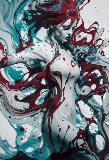  masterpiece, double exposure image by HGHD, Girl, ivory carving technique, graffiti print, Ruined Female Gremlin, torn dress, Magical hair, Hopeful, Vorticism Art, 80mm lens, anaglyph effect, dark red details, liquid vinyl spatter,  dynamic pose, swirling ink