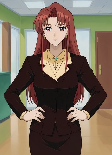 <lora:Kaho_Mizuki-Cardcaptor_Sakura:0.8>,mm,mature female,1girl,solo,red hair,long hair,earrings,red eyes,formal,pencil skirt,suit,cowboy shot,hands on own hips,looking at viewer,smile,indoors