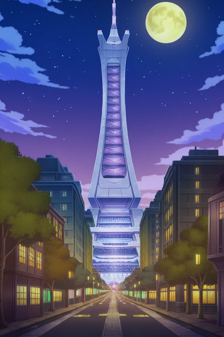 anime, animification, anime screencap, anime coloring, vivid colors, depth of field, high quality, highres, lumiose city, outdoors, ((sky)), cloud, tree, no humans, night, moon, building, prism tower, star, night sky, scenery, full moon, starry sky, city, road, cityscape, tower, city lights
 <lora:Lumiose_city-10:1>