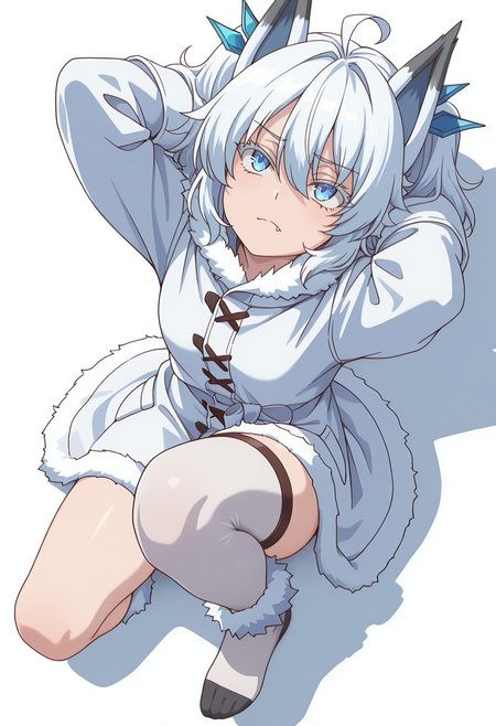 Smooth Quality,masterpiece,very intricate, high quality details, ultra realistic, high detailed skin,detailed enviorement,absurdres,
simple background, white background, 
from above,reclining, arms folded behind head, one knee bent, looking up, peaceful mood,  ,disgust,
doctor coat,  ,parka,  ,asymmetrical stockings,  ,
 <lora:Setsuna_cnn:0.8>setsunacnn,1girl, short hair, hair between eyes,blue eyes, white hair, ahoge, twintails, fang,fur trim,