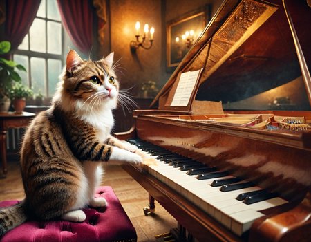 cinematic still musicianlora, cat playing piano . emotional, harmonious, vignette, 4k epic detailed, shot on kodak, 35mm photo, sharp focus, high budget, cinemascope, moody, epic, gorgeous, film grain, grainy, musicianlora, cat playing piano, enchanted, magic, full color, background dramatic light, professional, cinematic, intense, detailed, very intricate, beautiful, elegant, sharp focus, colorful, epic, modern, surreal, highly detail, artistic, composition, symmetry, perfect, atmosphere, fine vivid colors, ambient, amazing, creative, positive, joyful, unique