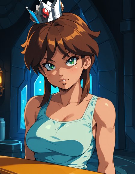 Super Mario style, score_9, score_8_up, score_7_up, score_6_up, score_5_up BREAK ot0m, 1girl, green eyes, brown sidelocks hair, looking at viewer, <lora:OtaKingMondayAshlinPDXL32v1.5tx1-000015:0.9>, Vibrant, cute, cartoony, fantasy, playful, reminiscent of Super Mario series