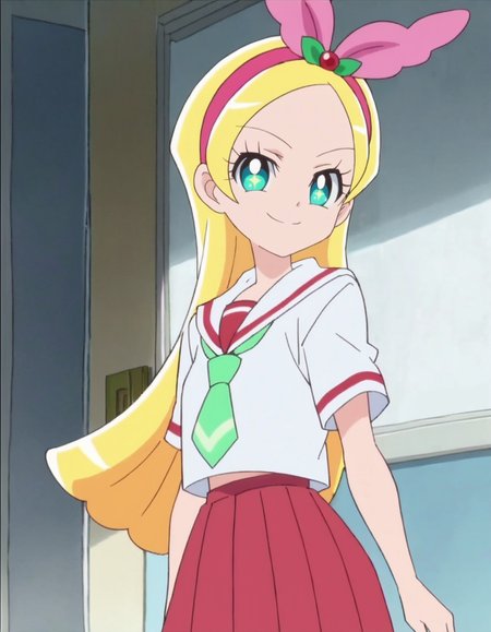 score_9, score_8_up, score_7_up, 1girl, solo, anime screencap, kiraboshiciel, school uniform, hairband, smile, pink hairband, looking at viewer, necktie, serafuku, green necktie, red skirt,   cowboy shot,small breasts,<lora:kiraboshiciel:0.8>