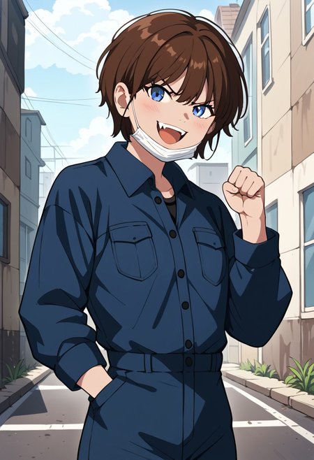Masterpiece, Highest Quality, Score_9, Score_8_up, Score_7_up, source_anime. anime style. masterpiece, highres, absurdres. Best resolution.
solo. outdoor. alley
handfixer
song jiwoo. 1girl. brown hair. short hair. gray eyes. tomboy. fang
jumpsuit. blue clothes. pocket. long sleeve. folded sleeves. black shirt under clothes. long pants. unbutton 3 top buttons. take down mask
angry expression. laugh. clenched fist. 
Raise hand
