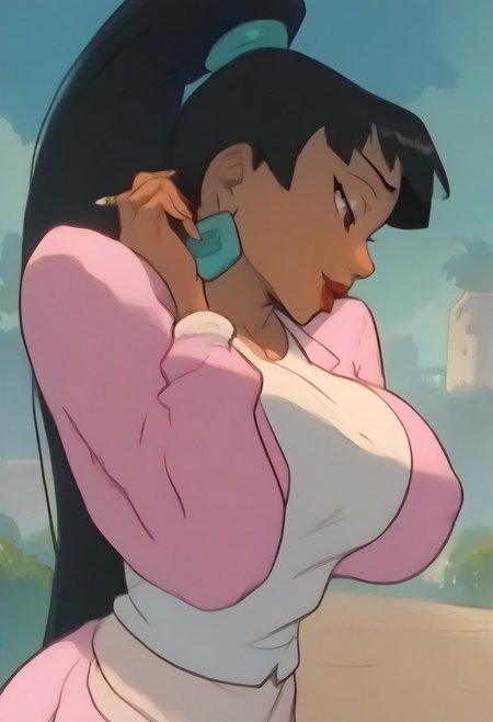 masterpiece, score_9, score_8_up, score_7_up, (best quality:1.1), ultra-detailed, high resolution, super detailed skin, ((cute)), Highly Visible, 8k, sharp focus, beautiful, perfect lighting, smooth edges, 1 girl, ChelXLP, chel from (el dorado), ((ponytail)),green earrings, 
(((pink suit, pink jacket, long sleeves, white shirt, pink skirt, miniskirt, pencil skirt, no socks, black high heels),)), 
outside, town square,
standing, feet apart,latina girl, very long hair, tan skin,(large breasts), (thick thighs), closeup, ((closeup)),cowboy shot,csr style,g4n1m3