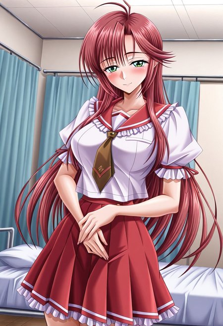 masterpiece, best quality, newest, highres, uncensored, 1girl, yokota mamoru style,1girl, slender face，motion lines,torogao,looking at the viewer,seductive smile,blush
Koga Yuki ,Ahoge Hair, Red Hair, Sidehair, Waist Length Hair,long Hair,Green Eyes, Tareme Eyes,Slim
school uniform, necktie, serafuku, white shirt, short sleeves, puffy sleeves, frilled sleeves, frilled sailor collar, red sailor collar, brown necktie, skirt, pleated skirt, red skirt, frilled skirt,, hospital room, bedside, get well flowers, comforting, quiet, smile, , hand on stomach, blush,, solo,, cowboy shot, dutch angle,