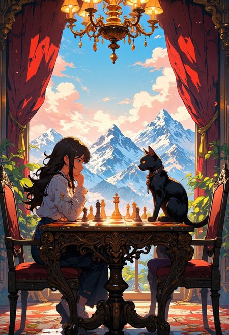 Inside a majestic, sunlit hall, a young girl sits at an ornate, antique chess table, her expression locked in intense focus. Across from her, a mystical black cat with piercing golden eyes perches regally, its tail flicking as it contemplates its next move. The polished chess pieces gleam in the warm glow of golden chandeliers, casting intricate reflections on the table's aged wooden surface.
Behind them, a massive, enchanted window frames a breathtaking mountain landscape, where snow-capped peaks touch a sky painted in brilliant hues of blue, pink, and orange. Sunlight floods the room, illuminating intricate gold-trimmed walls, lush greenery, and flickering candlelight that dances across velvet red curtains.
The air is charged with mystery and intellect, as if the very game itself holds a hidden magic. The cat, wearing a tiny ornate pendant, seems almost otherworldly—perhaps a guardian spirit or a former chess grandmaster reborn.
Golden hour light filters through, making the entire scene feel like a dreamlike fusion of fantasy, elegance, and high-stakes strategy.
Studio Ghibli style, intricate, high detail, sharp focus, superb detail, fantastic, detailed background, 8K, VibrantlySharp style.