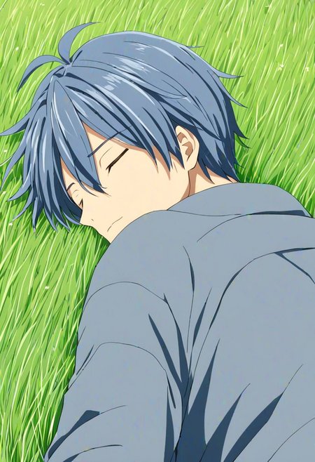 high resolution, solo, best quality, 1Boy, Tomoya Okazaki, Grey Blue Hair, sleep, nap, grass, meadow hills, wind breeze, OverallDetail