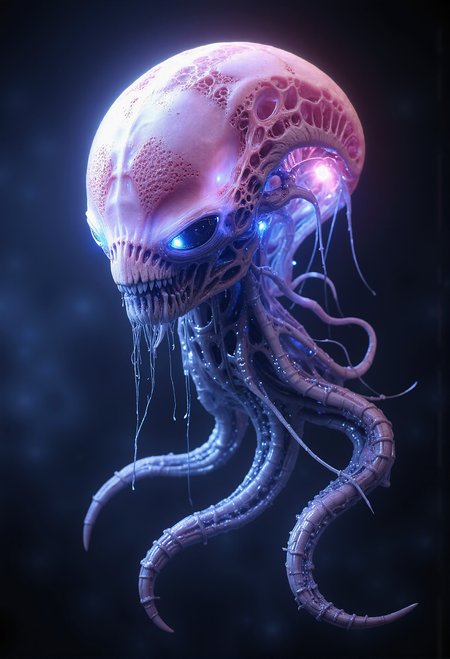 A bioluminescent alien with soft, jellyfish-like features, glowing in shades of pink and blue, and flowing tendrils cascading like hair <lora:Dever_Flux_Enhancer.safetensors:0.5>,  <lora:Giger_2_0.safetensors:0.5>,  <lora:Movie_Portrait.safetensors:0.4>,  <lora:- Flux1 - soothing_atmo_V2.0.safetensors:0.2>,  <lora:lith_mimosa_kiel_grw134_FLUX.safetensors:0.35>,  <lora:black_fantasy.safetensors:0.5>,
