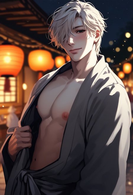 score_9, score_8_up, score_7_up, source_anime, rating_explicit, pulling own yukata, pecs, Neucell, black eyes, pale skin, 1boy, male focus, nipples, closed mouth, smiling, head tilt, blushing, blurry outdoor lantern festival, food stalls, warm bokeh, realistic lighting,