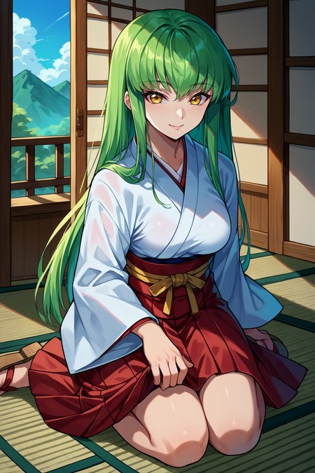 score_9, score_8_up, score_7_up, score_6_up, source_anime, 1girl, solo, <lora:cgcc-pdxl-nvwls-v1-000005:1> cgcc, green hair, very long hair, yellow eyes, breasts, white kimono, red hakama skirt, miko, sitting, kneeling, looking at you, smile, blue sky, indoors, japanese house, sandals