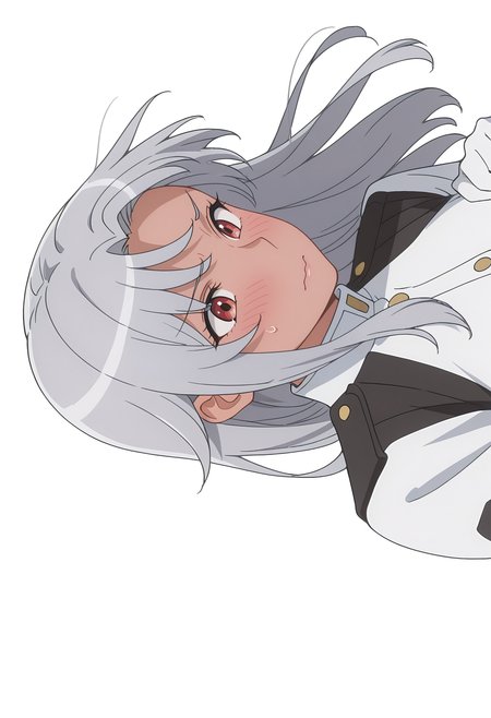 Smooth Quality,masterpiece, ultra realistic,
simple background, white background, 
sideways,flustered,wind, 
 <lora:AquaErisCnn:0.8>Aqua/Cnn, Sist/Cnn, long hair, 1girl, red eyes, dark-skinned female, uniform, grey hair, gloves,
