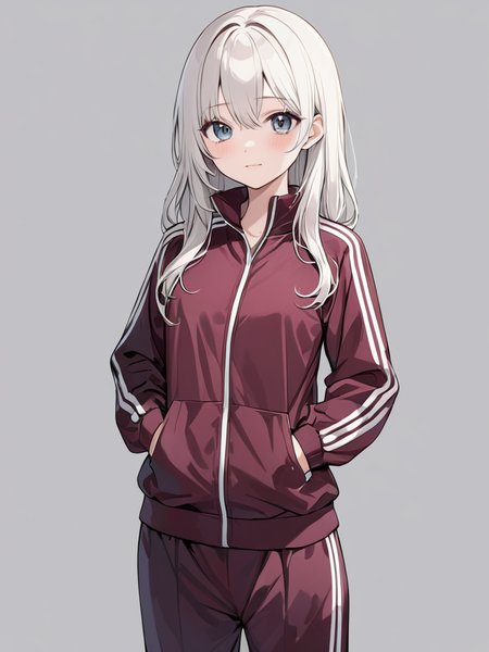 masterpiece,ultra-detailed,best quality,8K,illustration,cute face,clean skin ,shiny hair,girl,ultra-detailed-eyes,simple background, <lora:add-detail-xl:1>  <lora:tracksuits_XL_V1.0:1> tracksuits, long sleeves,pants