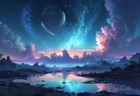 serene night, beautiful sky, apocalyptic, silhouette, Complex landscape, best quality, pastel colors, light blue tint, aesthetic Ethereal, Effulgent, Idyllic atmosphere, Tranquil, ethereal quality, cinematic volume, Twinkling lighting, glowing aura, global illumination, glowneon, Anisotropic Filtering, Unrivaled Opus, Unconventional, hyper detailed, HDR,