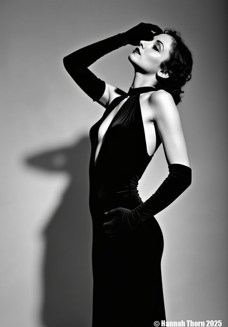 This black-and-white photograph captures a sideview of a woman in a striking, dramtic pose of elegant, stylized sensuality. The woman's body is arched slightly backward, her head tilted upward and to the side. One arm is raised above her head, her hand gently touching her hair; the other arm hangs down, but is bent at the elbow and she is using her fingers to hold the fabric of her dress at her waist. Her expression is serene and confident, with a hint of mystery. The overall effect is a graceful, almost languid pose that conveys both confidence and allure, suggestive of a classic Hollywood starlet. The pose is carefully crafted to showcase the figure and the gown. The gown is a dark-colored, possibly black, velvet or similar fabric. It's a sleeveless design with a very low, possibly plunging, neckline that reveals much of the back and shoulders. The style is form-fitting, hugging the body's curves and creating a sleek silhouette. The dress features a keyhole or cutout detail at the neckline and long sleeves that extend into what look like fitted gloves or long opera-length gloves. The fabric appears to have a subtle sheen or texture, suggesting a luxurious material. The overall design is suggestive of 1920s or 1930s Hollywood glamour.<lora:_Flux\_Film-Retro\Pre-Code_Hollywood-concept_2.safetensors:1.0:1.0>