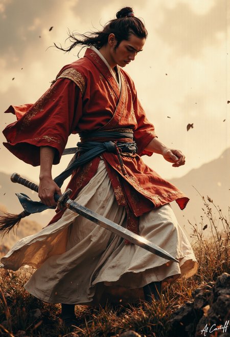 High-angle shot, 50mm telephoto lens with slight barrel distortion, moderate motion blur on the subject's flowing robes, deep f/5.6 depth of field. A misty dawn scene with warm golden tones. A tall, slender man with a long, braided black ponytail stands in a windswept landscape, wearing a crimson and gold kimono with a high collar and a flowing white undershirt. His kimono is tied at the waist with a dark blue sash, and he holds a gleaming silver naginata in his right hand, its tassel fluttering in the breeze. He is in mid-motion, his left arm extended as if grasping for something, his face set in a determined expression., l1n0c2t, fg<lora:CustomFlux/MysticRealism.safetensors:1.0000000000000002:1.0000000000000002> <lora:CustomFlux/MysticFantasy.safetensors:0.25000000000000006:0.25000000000000006> <lora:Flux/Linocut - s1 g4.safetensors:0.25000000000000006:0.25000000000000006> <lora:Flux/Stylized-Super-Texture.safetensors:0.5000000000000001:0.5000000000000001>