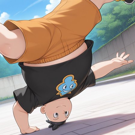 masterpiece, best quality, amazing quality, colorful, vibrant, very aesthetic, detailed background, outdoors, <lora:tierno-v1-09:1> p-benigno, 1boy, young, chubby, handstand, breakdance, face shot, close-up, black t-shirt, print t-shirt, orange shorts, light smile, dynamic pose, dynamic angle, one arm handstand,