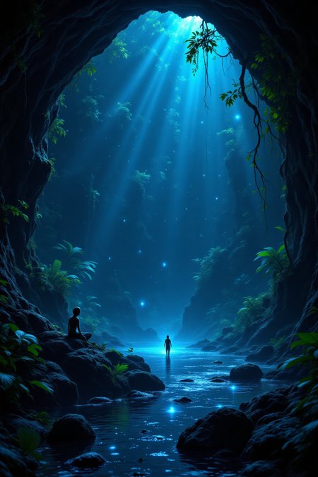 A photorealistic depiction of a bioluminescent underwater city, built within a massive, hollowed-out ancient tree trunk, deep in the Amazon rainforest. The city's inhabitants, a tribe of indigenous people, have adapted to living underwater, their skin glowing with the same bioluminescence as the city's flora and fauna. Capture the interplay of light and shadow as the bioluminescent glow illuminates the murky depths of the river.