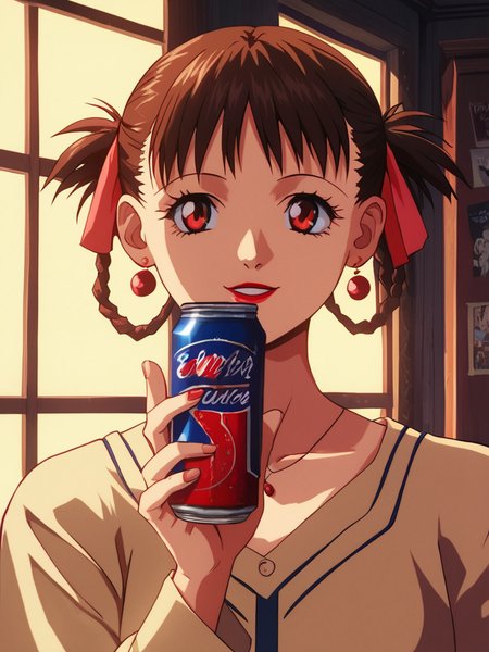 score_9, score_8_up, score_7_up, volumetric lighting,
sawa, a woman holding a can of soda in her hand, 1girl, solo, smile, brown hair, red eyes, lipstick, retro artstyle, 1990s style
<lora:akite_pony_v1_mx:0.95>