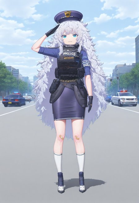 best hands, <lora:mn_poli_IL1.4:1>  <lora:Salute pose1.3:0.8>Salute,
mn_poli, official art, 1girl, white very long Messy Hair, aqua eyes, :3,
uniform, blue shirt, armband, police uniform, policewoman, scope, bulletproof vest, walkie-talkie, pencil skirt, black gloves, white socks, bandaid on knee, Footwear, Bullet Belt, Policeman's hat,
BREAK outdoors, street, Intersection, traffic lights, cars, day, cloudy sky, shadow,