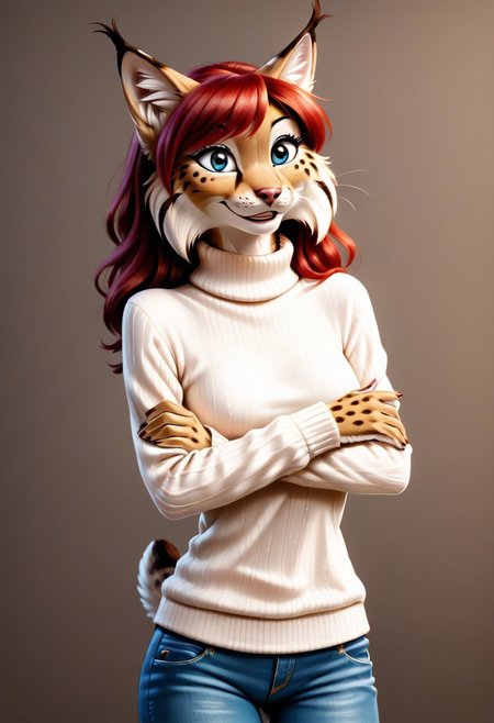 digital_media_(artwork) hi_res, score_9, score_7_up, score_6_up, source_furry, rating_safe, anthro, furry, female, furry female, detailed textured fur, fur tufts, lynx, red hair, blonde brown fur, spots, beautiful blue eyes, medium breasts, covered breasts, slim, slender, turtleneck sweater, denim jeans, smile, SFW,