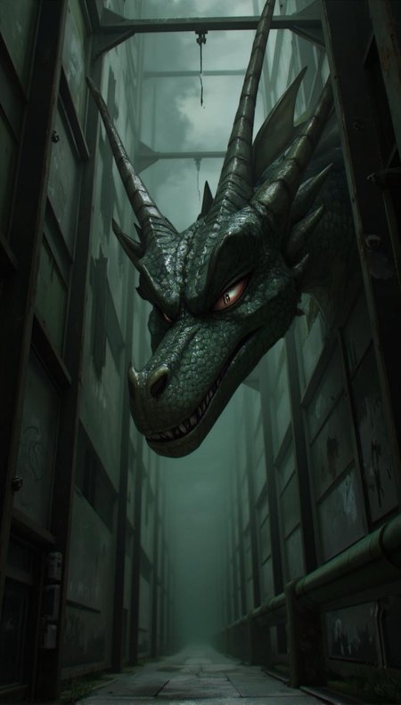 <lora:ck-LttleGhost-000011.safetensors:1> in the style of ck-lttlegh0stA low-angle shot of a menacing dragon head dominates this digital artwork, its glossy scales and intense gaze at odds with the worn, metallic industrial setting. A fog-shrouded corridor amplifies the eerie mood, while muted grays and greens add depth and foreboding. The juxtaposition of mythical creature in an industrial space suggests horror and fantasy influences.