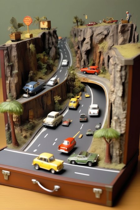 <lora:Diorama:1>Diorama - diorama of cars driving on the road popping out of a treasure chest