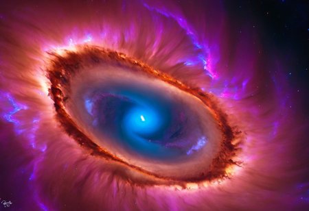 a dynamic and breathtaking image of the universe with vibrant colors and dramatic lighting. Show a swirling nebula in the foreground with bright, intense hues of blue, purple, and pink. In the background, depict a distant galaxy with spiraling arms and scattered stars. Include a supernova explosion, radiating brilliant light, and a mesmerizing black hole at the center, with cosmic debris swirling around it. Add a hint of distant planets and asteroids to create a sense of scale and depth. Make the entire scene feel alive and constantly in motion.
