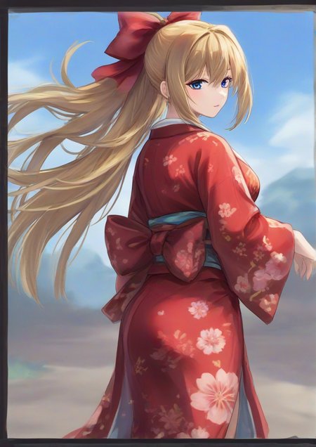 1girl, furry female, blonde hair, blue eyes, bow, camellia, cowboy shot, egasumi, floating hair, floral print, flower, from side, hair bow, japanese clothes, kimono, long hair, long sleeves, looking at viewer, marker (medium), obi, outside border, print kimono, red bow, red flower, red kimono, sash, sidelocks, solo, standing, traditional media, very long hair, wide sleeves, yukata, zPDXL3 <lora:sakazuki_sudamaã¹ãã:1>