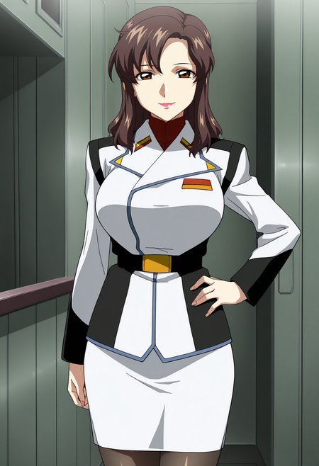 1girl,solo,mm,mature female,brown hair,long hair,brown eyes,lipstick,large breasts,anime coloring, 
military uniform, skirt,pantyhose, cowboy shot, hand on own hip, looking at viewer, smile,indoors
,masterpiece,best quality,amazing quality,<lora:Murrue Ramius-Gundam SEED ix:0.8>