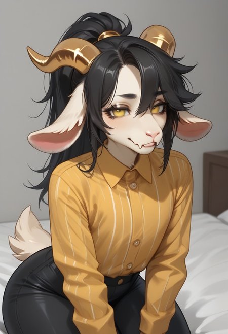 Terrence_OC, furry, solo, femboy, goat, goat ears, golden horns, curved horns, long horns, ponytail, black hair, goat tail, yellow eyes, yellow shirt, buttoned shirt, striped shirt, black pants, Expressiveh, tight fit, skintight clothes, thick thighs, aroused, horny